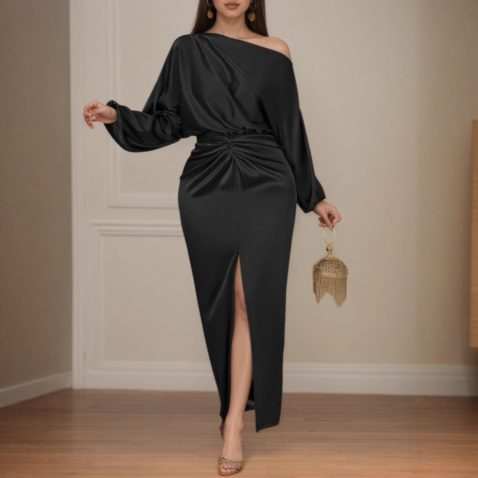 Womens Solid-Color Off-the-Shoulder Twist-Waist Long-Sleeve Dress
