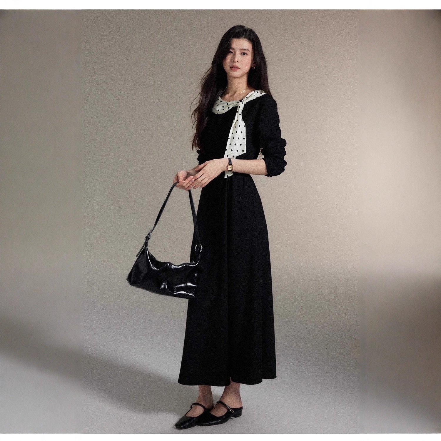 French Retro Hepburn-Style Ruffle-Detail Bow-Tie Dress