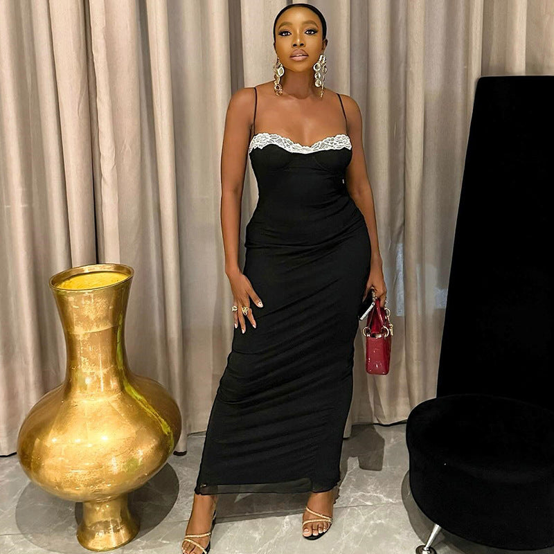 Spliced Backless Pleated Contrast-Color Dress