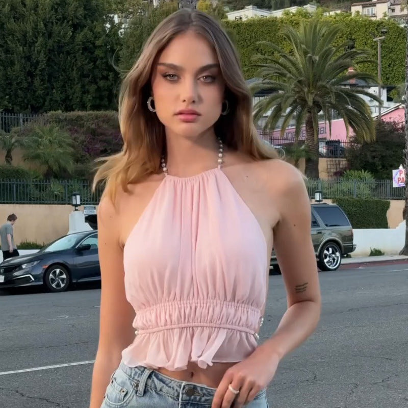 Street-style Sexy Hollow-out Pleated Solid-color Halter Tank Top