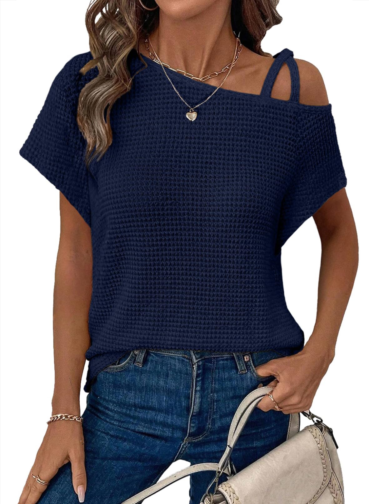 Women's Short-sleeved Solid Color Top Fashionable All-match Off-shoulder Knitted T-shirt