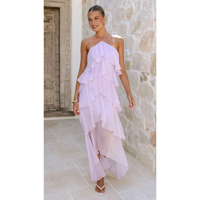 Solid-color Chiffon Tiered Dress With A Halter Neckline And Ruffled Hem