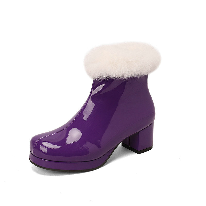 Womens Short Boots For Fall Winter Patent Leather Chunky Heel