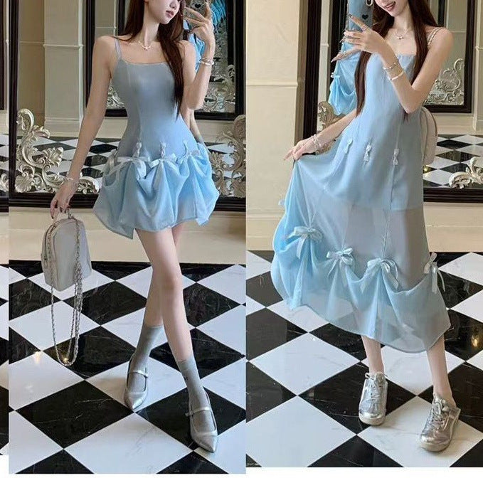 Solid-color Bow-neck Figure-flattering Slip Dress For Women