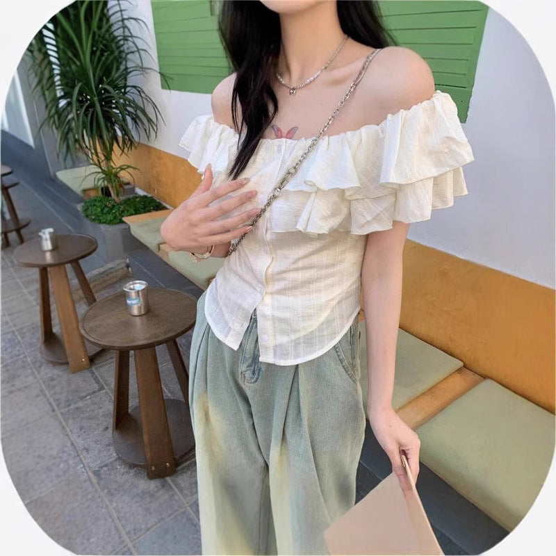 Women's One-shoulder Ruffled Short-sleeve Top