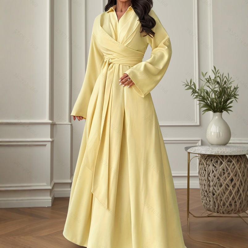 Long-sleeve V-neck A-line Dress With A Tie Waist