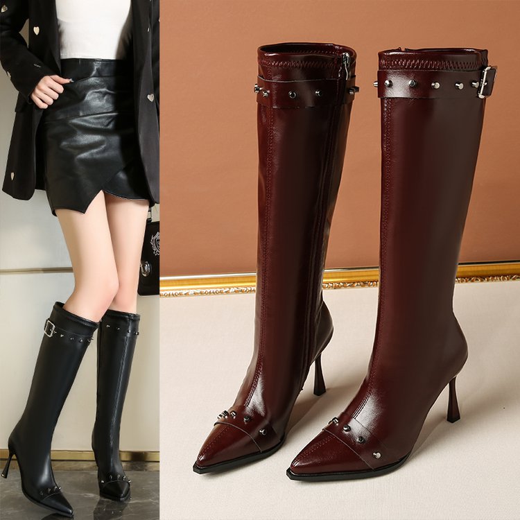 New Rivet Belt Buckle Fashionable Stiletto Stretch High Boots