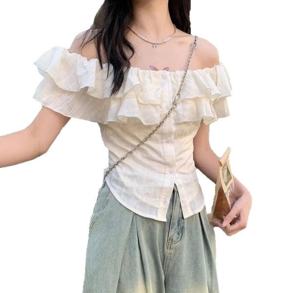 Women's One-shoulder Ruffled Short-sleeve Top