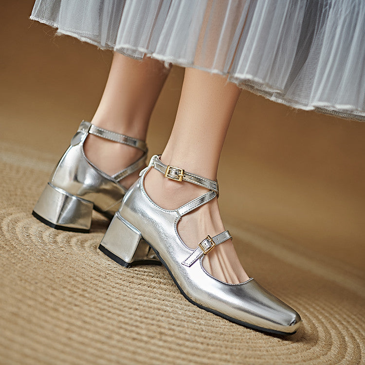 British-style Square-toe Mid-heel Buckle-toe Women's Pumps