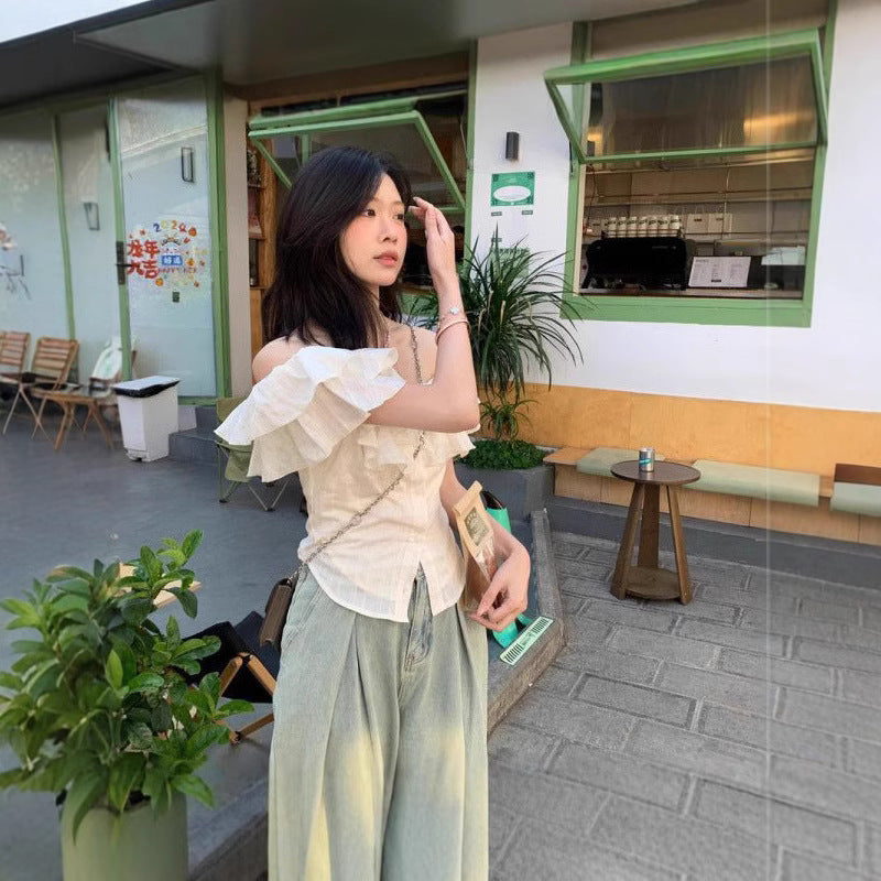 Women's One-shoulder Ruffled Short-sleeve Top