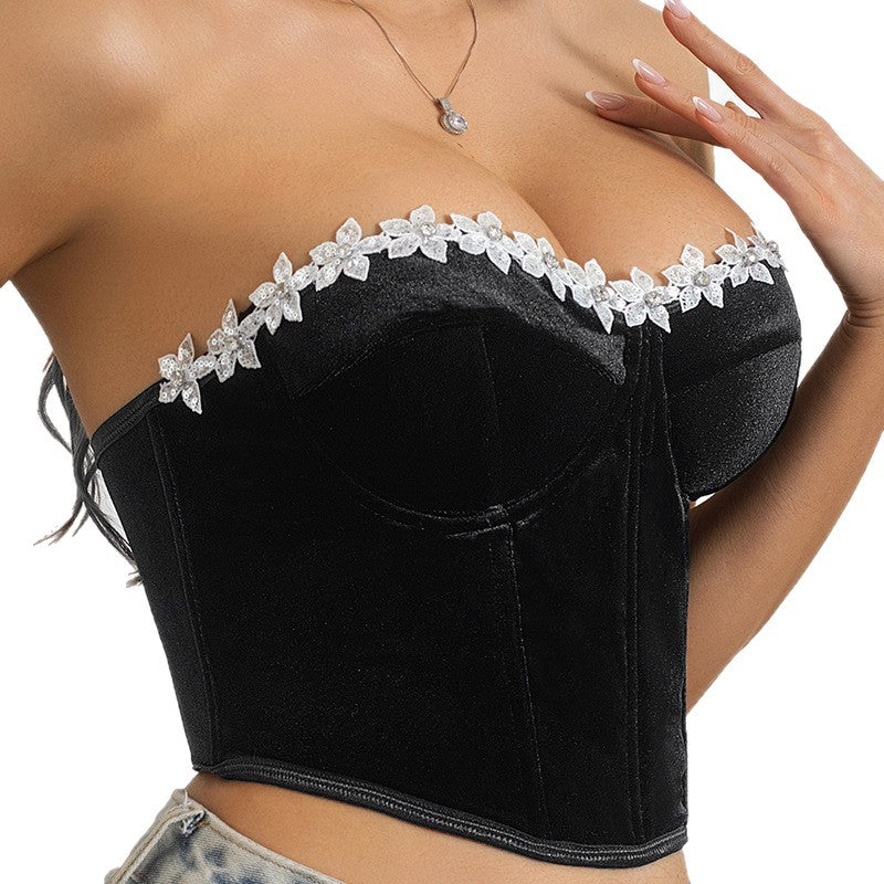 Sexy Deep-V Bandeau Backless Underwire Fishbone Diamond-patterned Tank Top