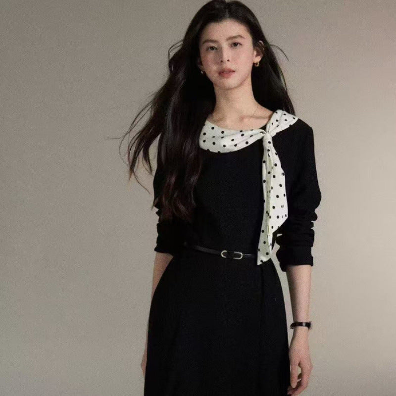 French Retro Hepburn-Style Ruffle-Detail Bow-Tie Dress