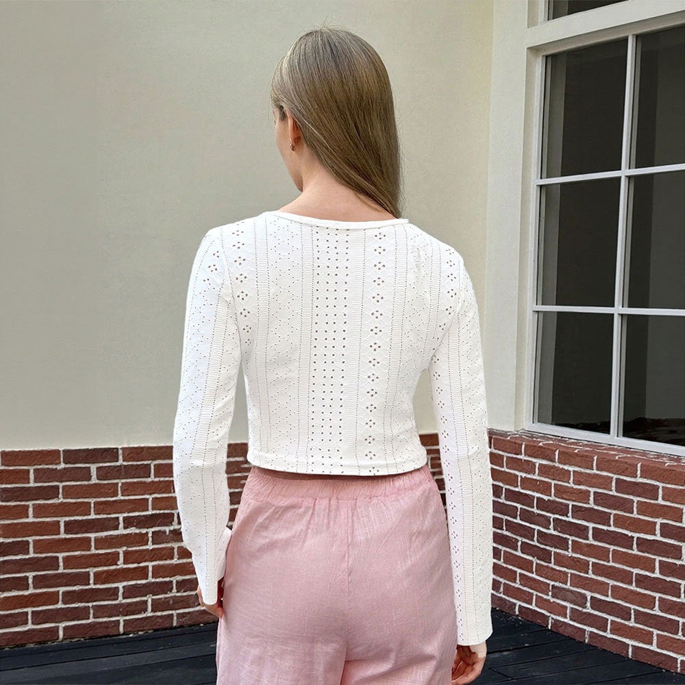 Long-sleeved Hollow-out Short Tie-breathable Top
