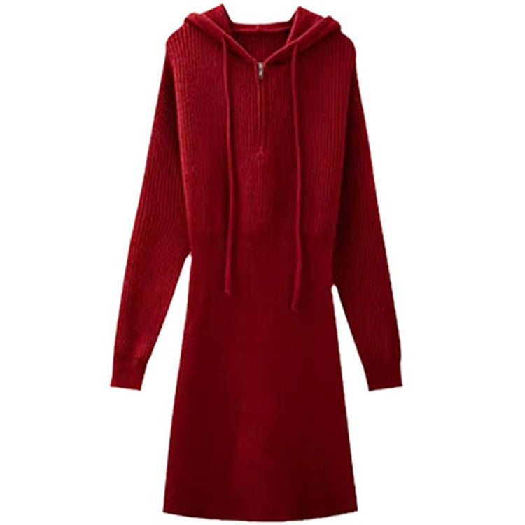 French New Year Red Hooded Knit Dress