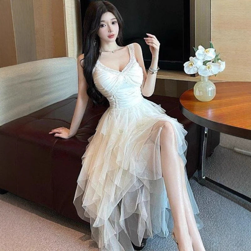 Elegant High-society Gown With An Offbeat Mesh Slip Dress Design