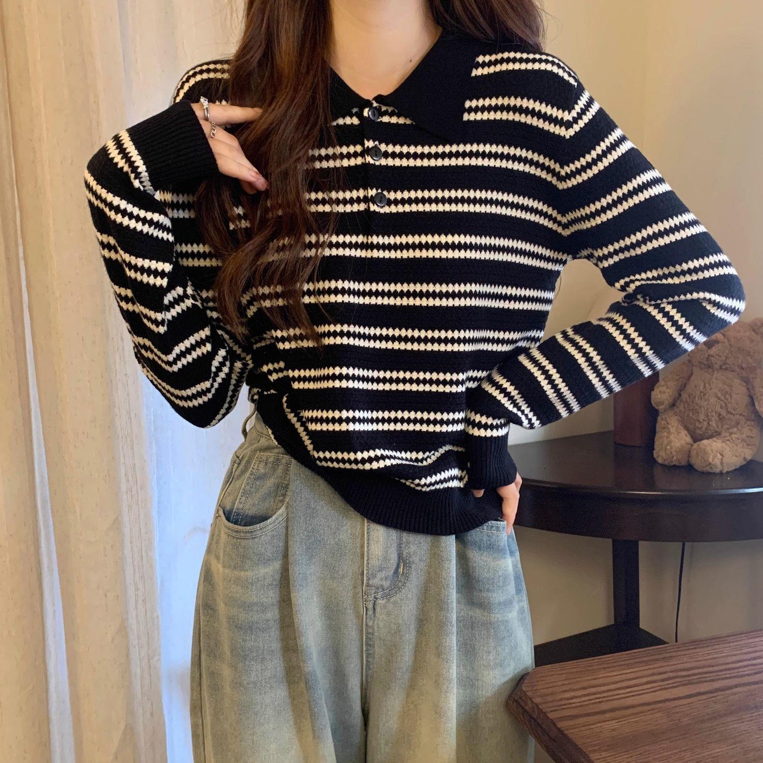Womens Black And White Striped Lapel Long-Sleeve Knit Sweater