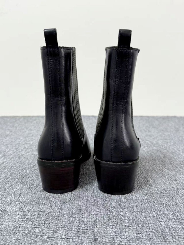 Mid-heel Chunky-heel Retro Square-toe Matte Leather Womens Boots