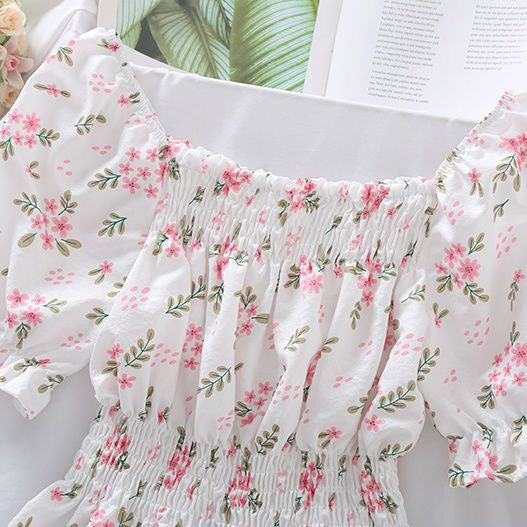 Korean Style Sweet Waist-tight Puff Sleeve Off-shoulder Square Short Sleeve