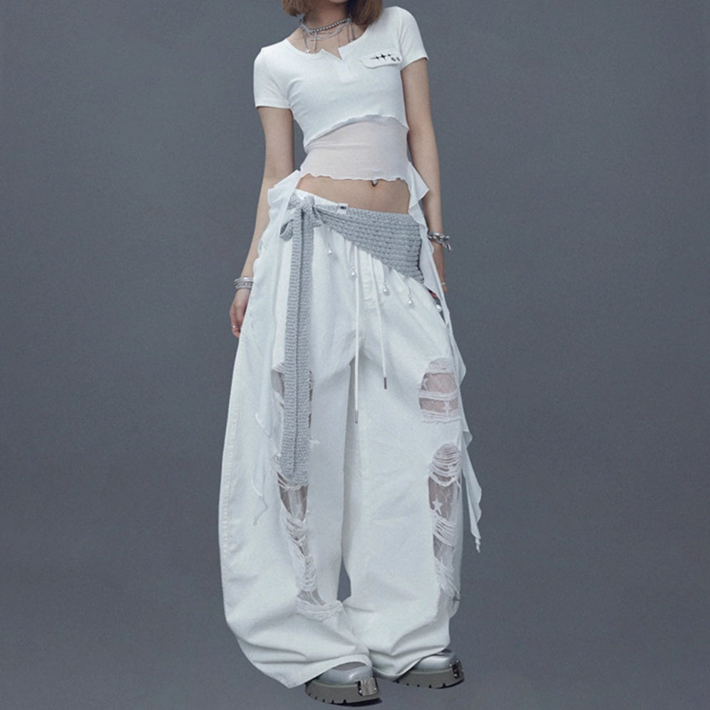 Denim Patch Ripped Dancing Trousers Casual Pants