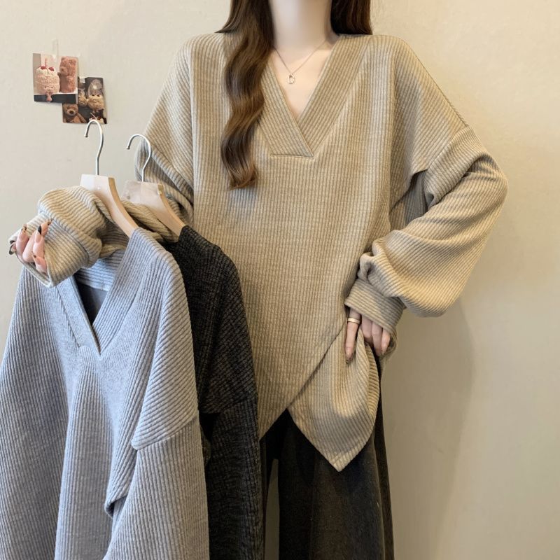 Textured Ribbed Cross-design Long-sleeve Top For Women
