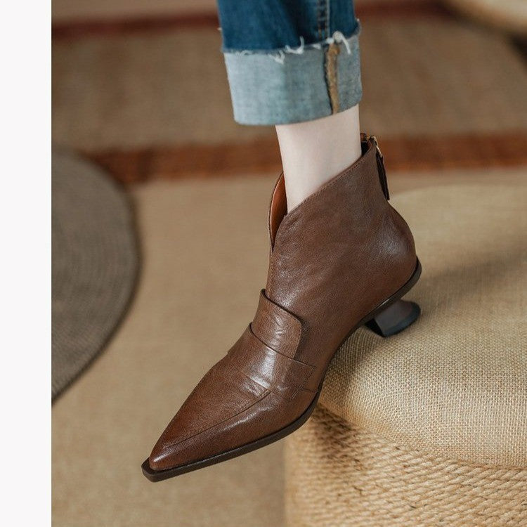 Womens French-style Vintage Pointed-toe Mid-heel Ankle Boots