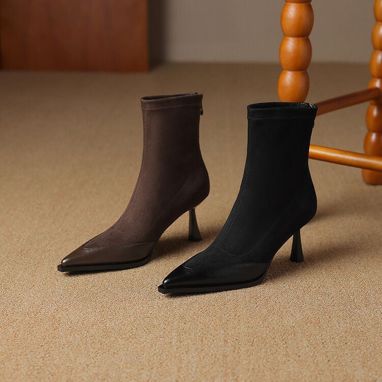 Elastic Pointed Mid-heel Ankle Boots For Women