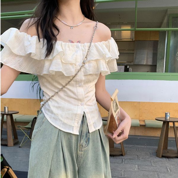 Women's One-shoulder Ruffled Short-sleeve Top