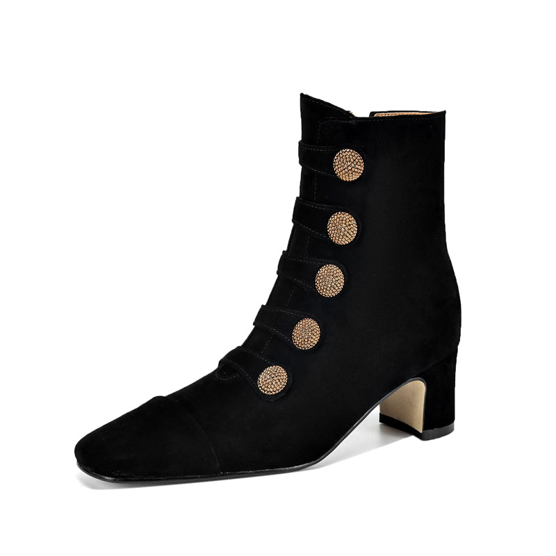 Retro High-heeled Ankle Boots For Women New Autumn Style Suede Round Toe Side Zipper Chunky Heel