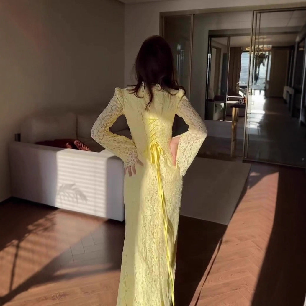 Luxe Lace Evening Dress With Long Sleeves And A Long Skirt