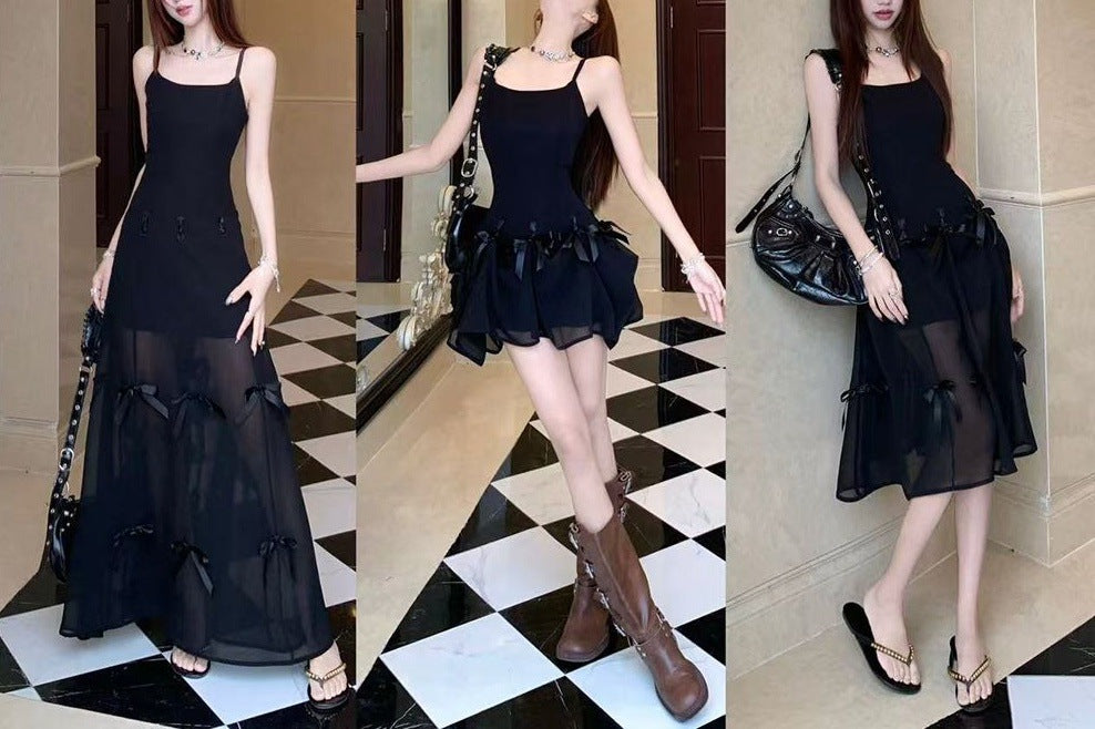 Solid-color Bow-neck Figure-flattering Slip Dress For Women