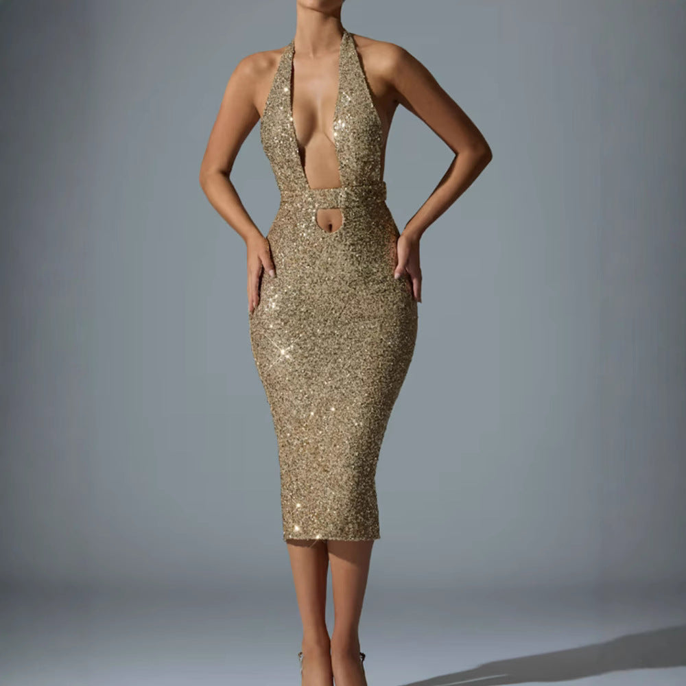 Deep-V Halter Sequin Bodycon Hollow-Out Dress