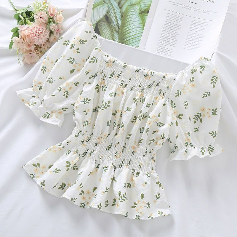 Korean Style Sweet Waist-tight Puff Sleeve Off-shoulder Square Short Sleeve