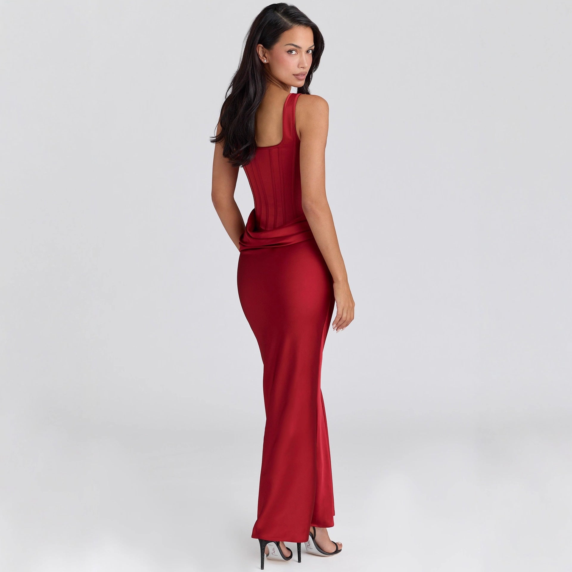 Womens Solid-Color Satin Fishbone-Style Strap Bodycon Pleated Patchwork Dress