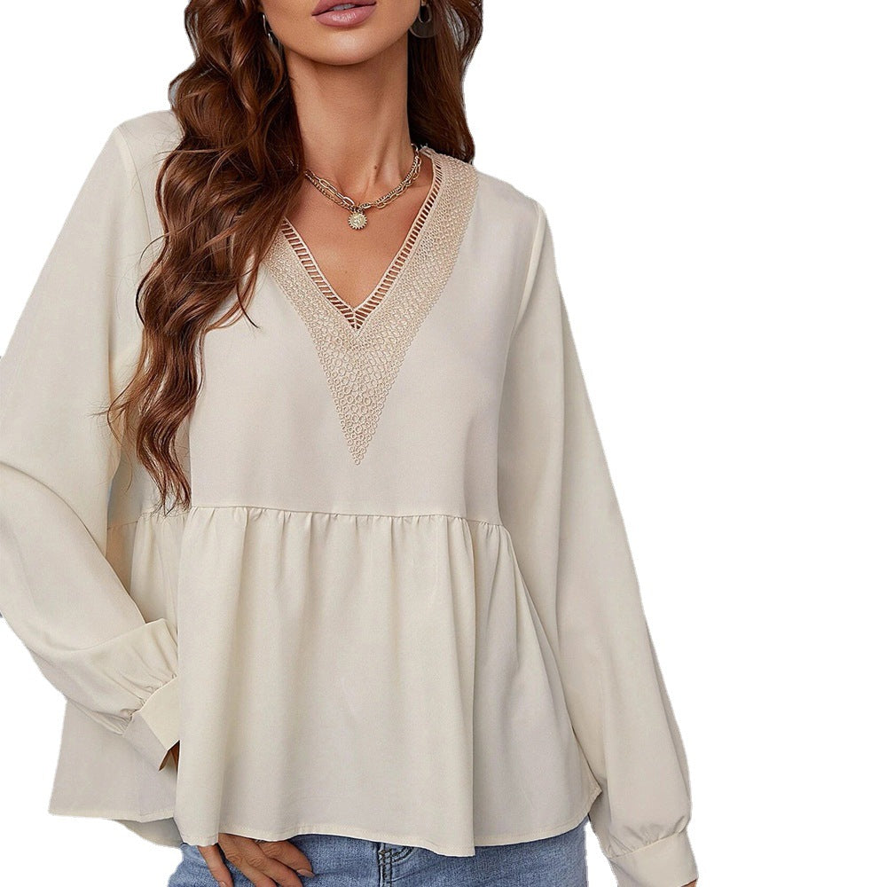 Women's Lace V-neck Loose Long Sleeve Top