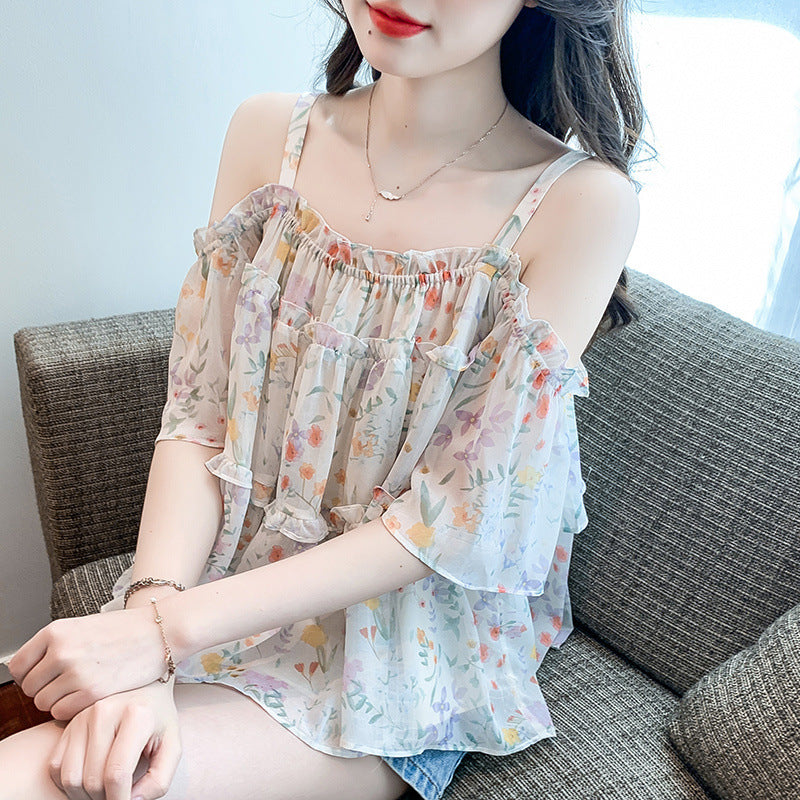 New Doll Shirt Off-shoulder Floral Outerwear One-shoulder Strappy Top