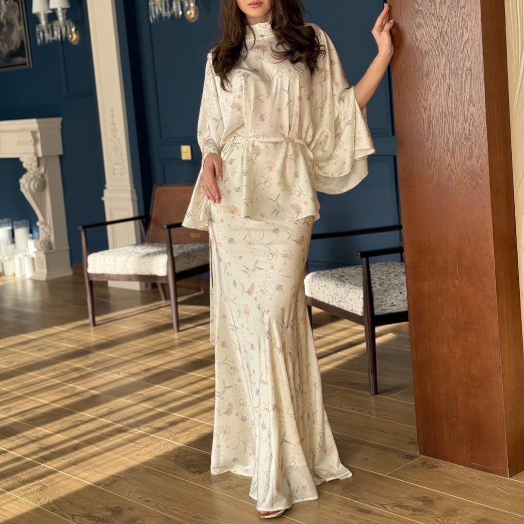 Batwing-sleeve Elegant Belted Top And Floral Skirt Set For Women