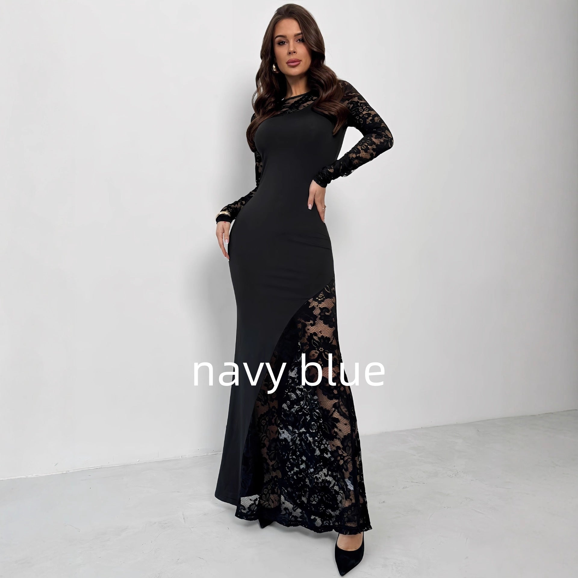 Womens Solid-Color Lace-Panel Long-Sleeve Dress