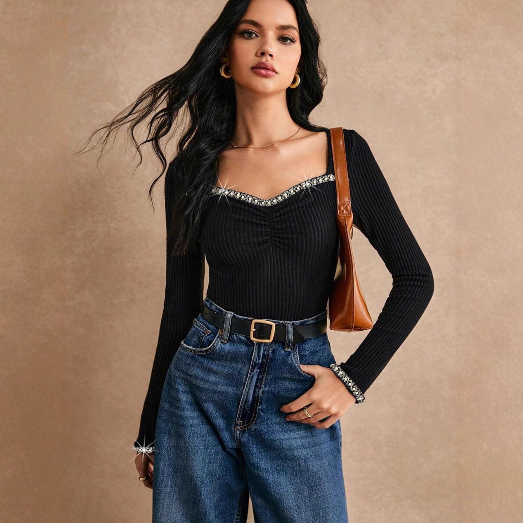 Women's Rhinestone-Embellished Slim-fit Long-sleeve T-shirt Fashion Base Layer Top