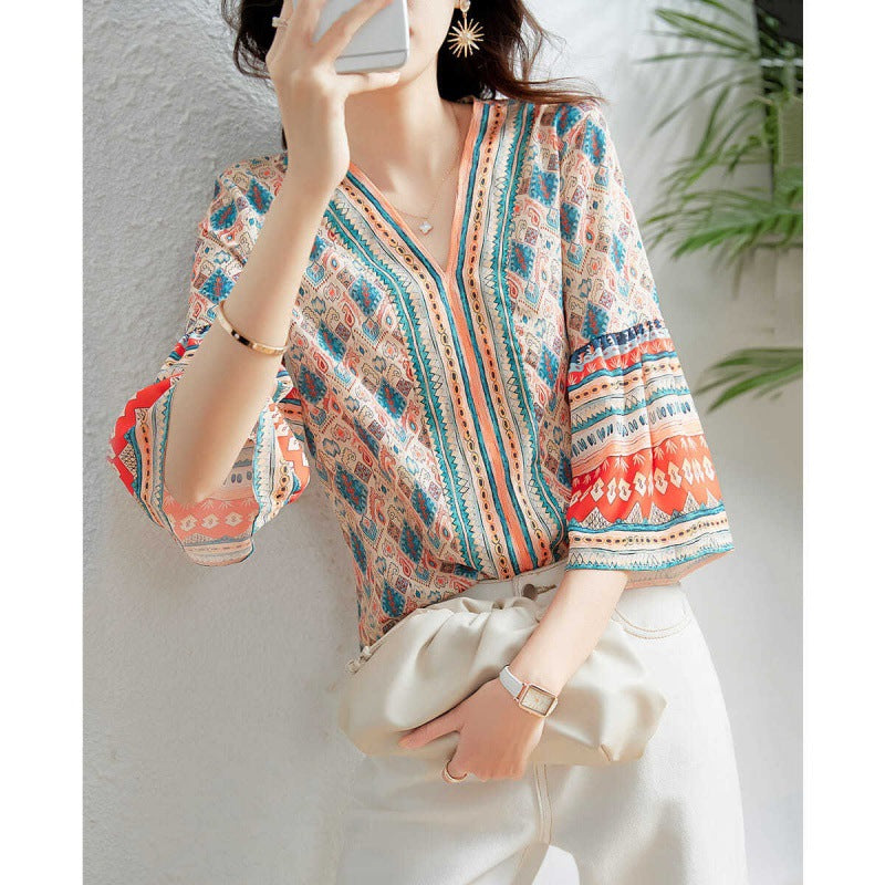 V-neck Loose Flare Three-quarter Sleeve Blouse Women's Top