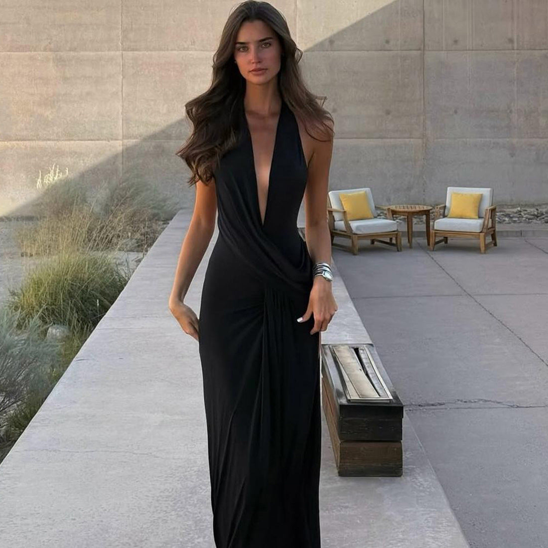 Strapless Backless Deep-V-neck Sexy Slit Dress