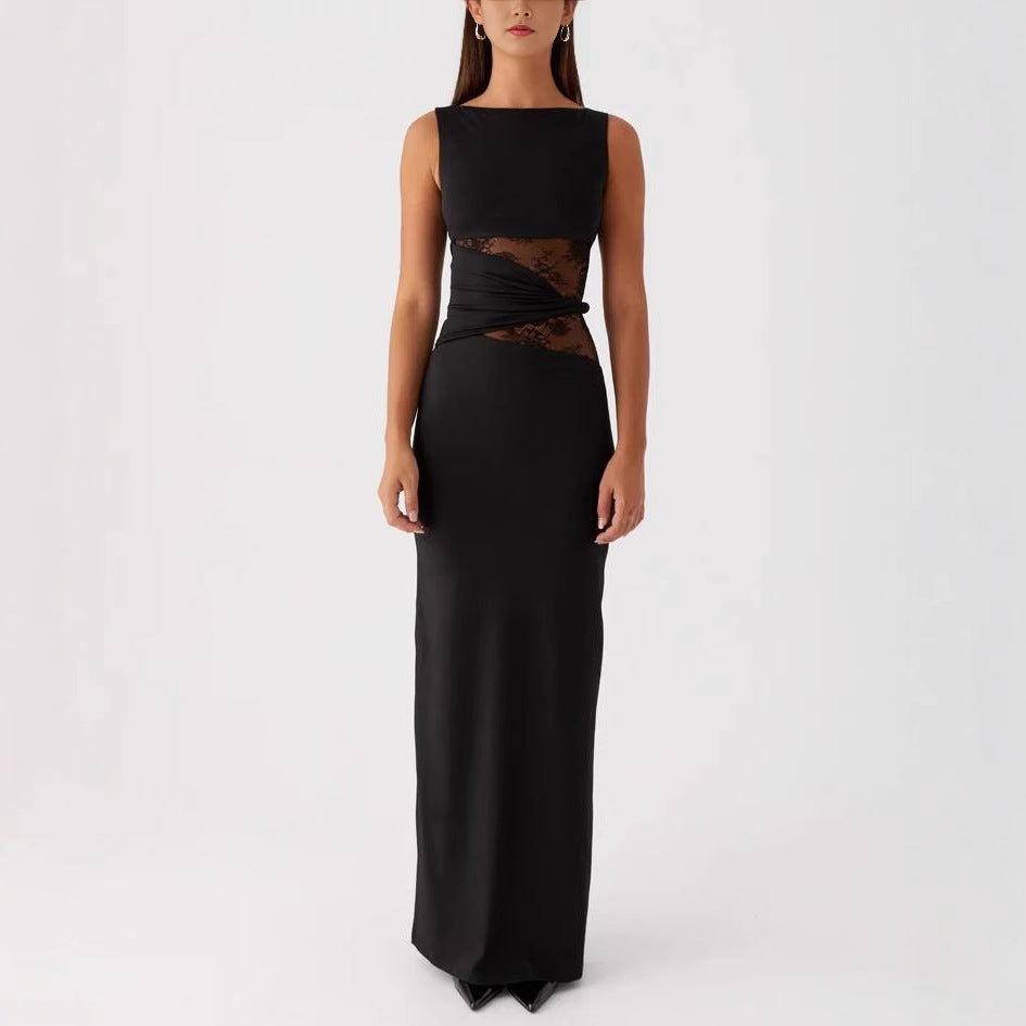 Womens Slim-Fit Lace-Patch Draping Dress