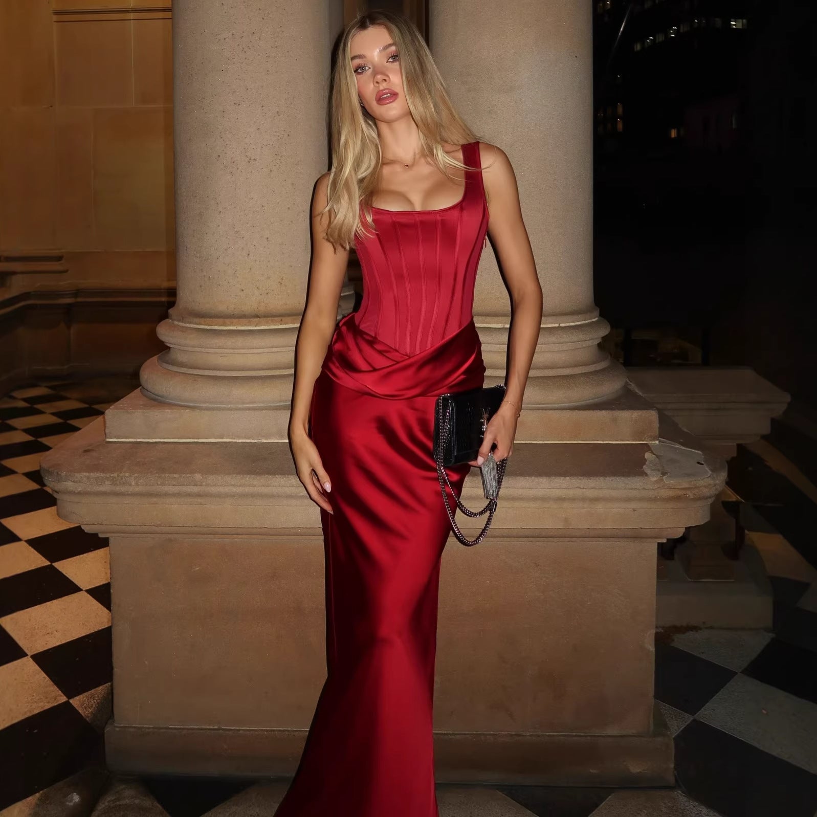 Womens Solid-Color Satin Fishbone-Style Strap Bodycon Pleated Patchwork Dress