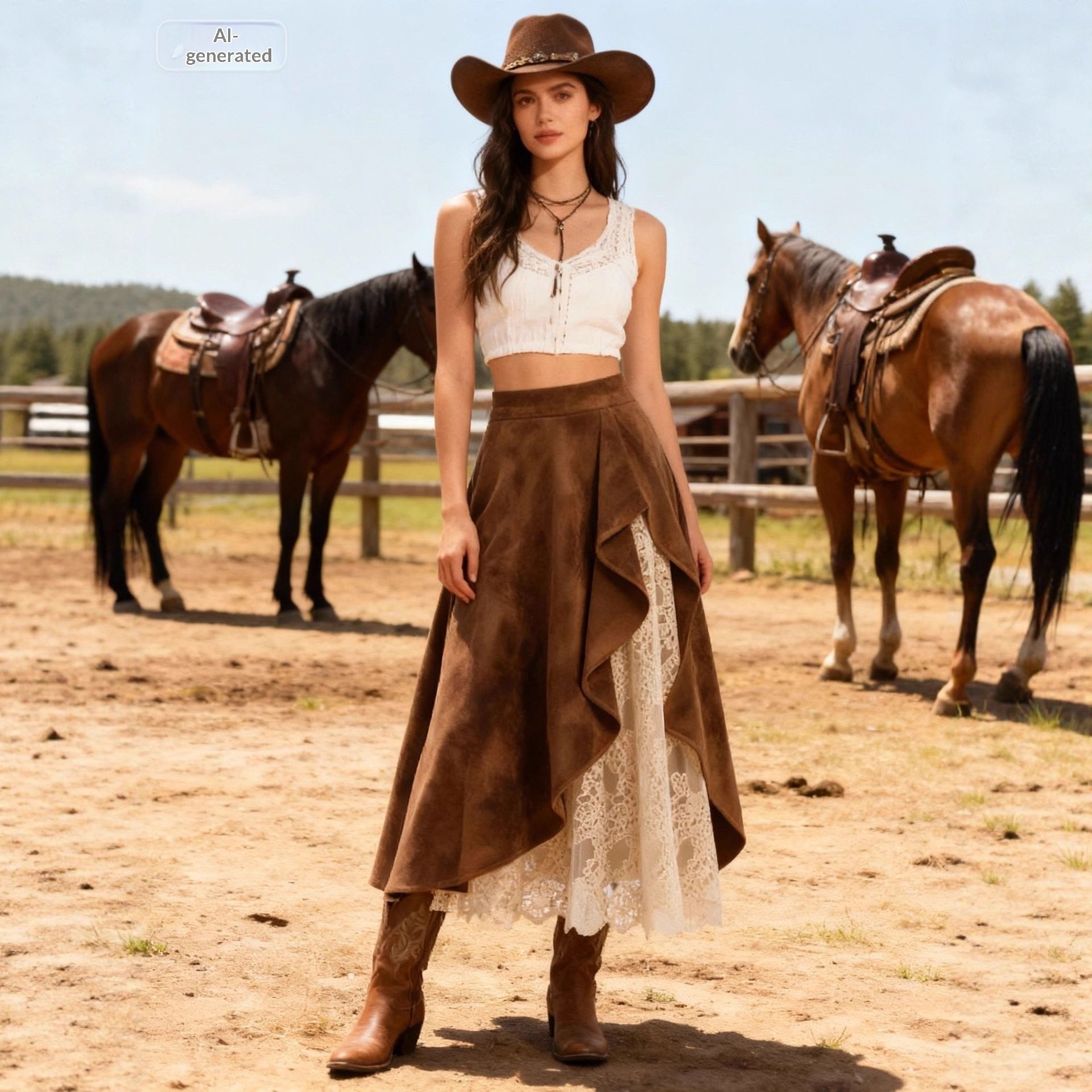 Womens Retro Western-Style Suede And Lace Patchwork Skirt
