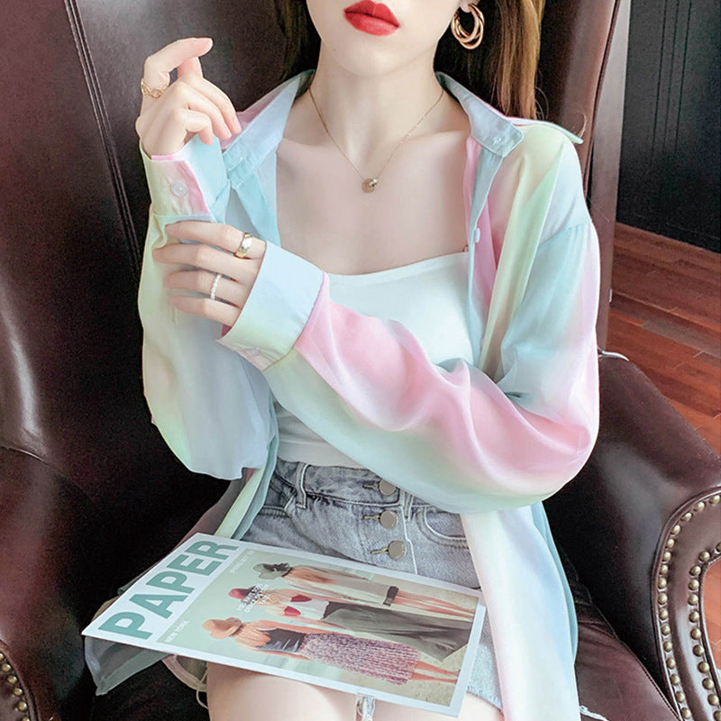 Fashion Rainbow Striped Chiffon Sunscreen Shirt Women