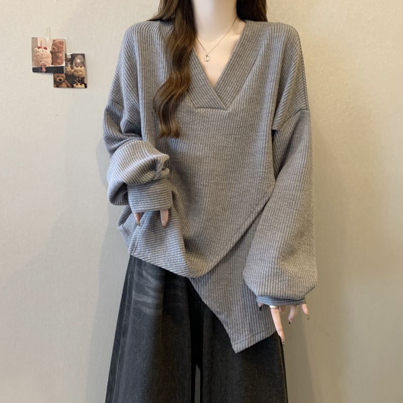 Textured Ribbed Cross-design Long-sleeve Top For Women