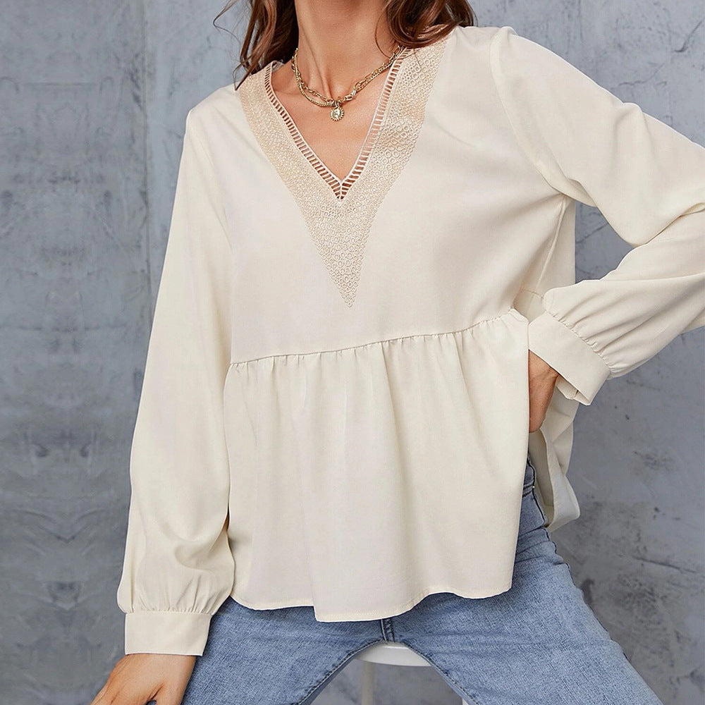 Women's Lace V-neck Loose Long Sleeve Top
