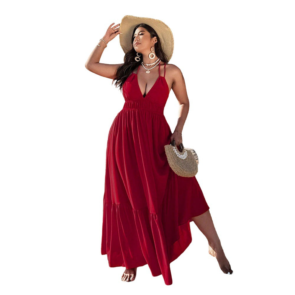 Seaside Vacation Slip Dress Summer V-Neck Backless Beach Maxi Dress