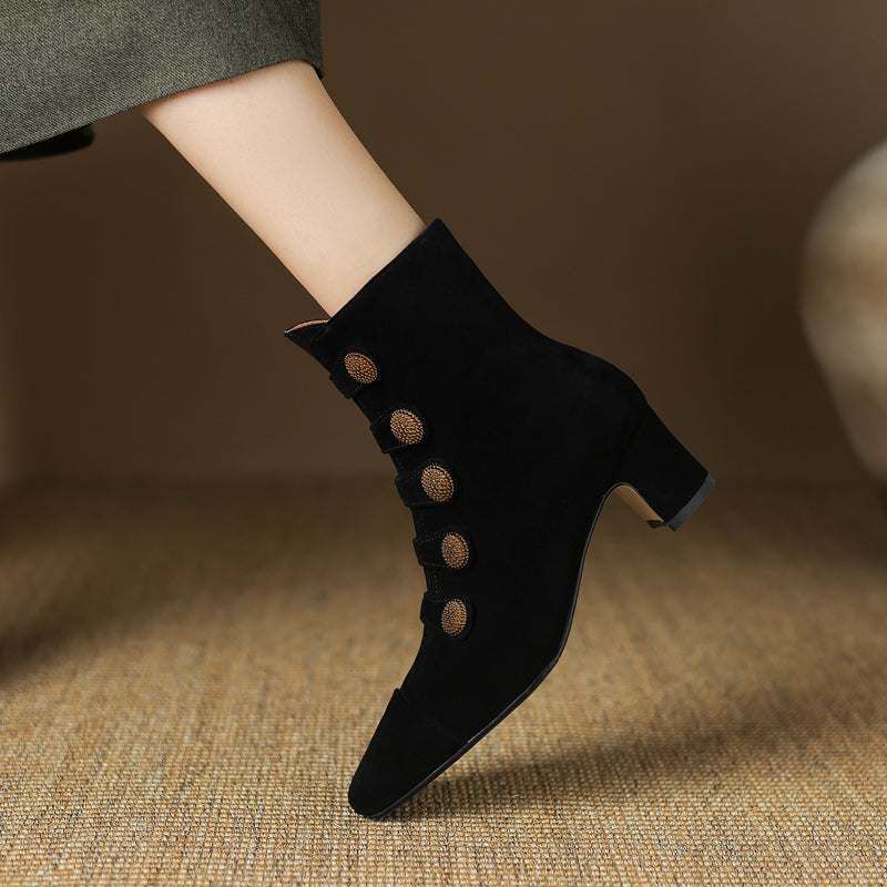 Retro High-heeled Ankle Boots For Women New Autumn Style Suede Round Toe Side Zipper Chunky Heel