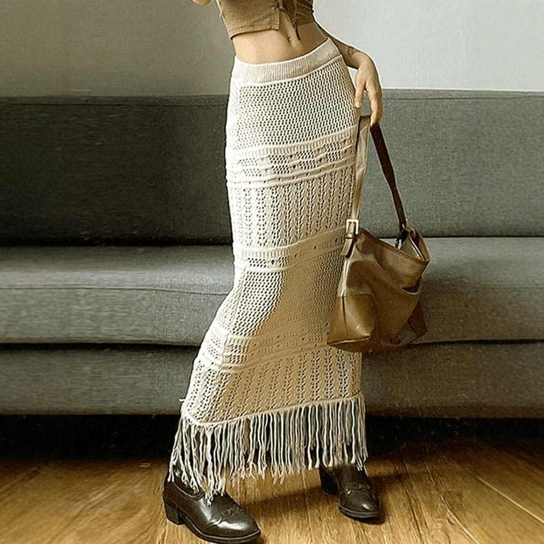 Womens Knitted Skirt With Hollowed-Out Design Tassel Trim And Solid Color