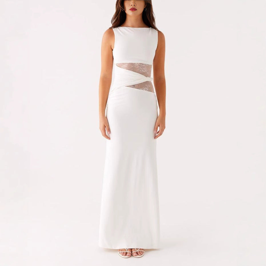 Womens Slim-Fit Lace-Patch Draping Dress